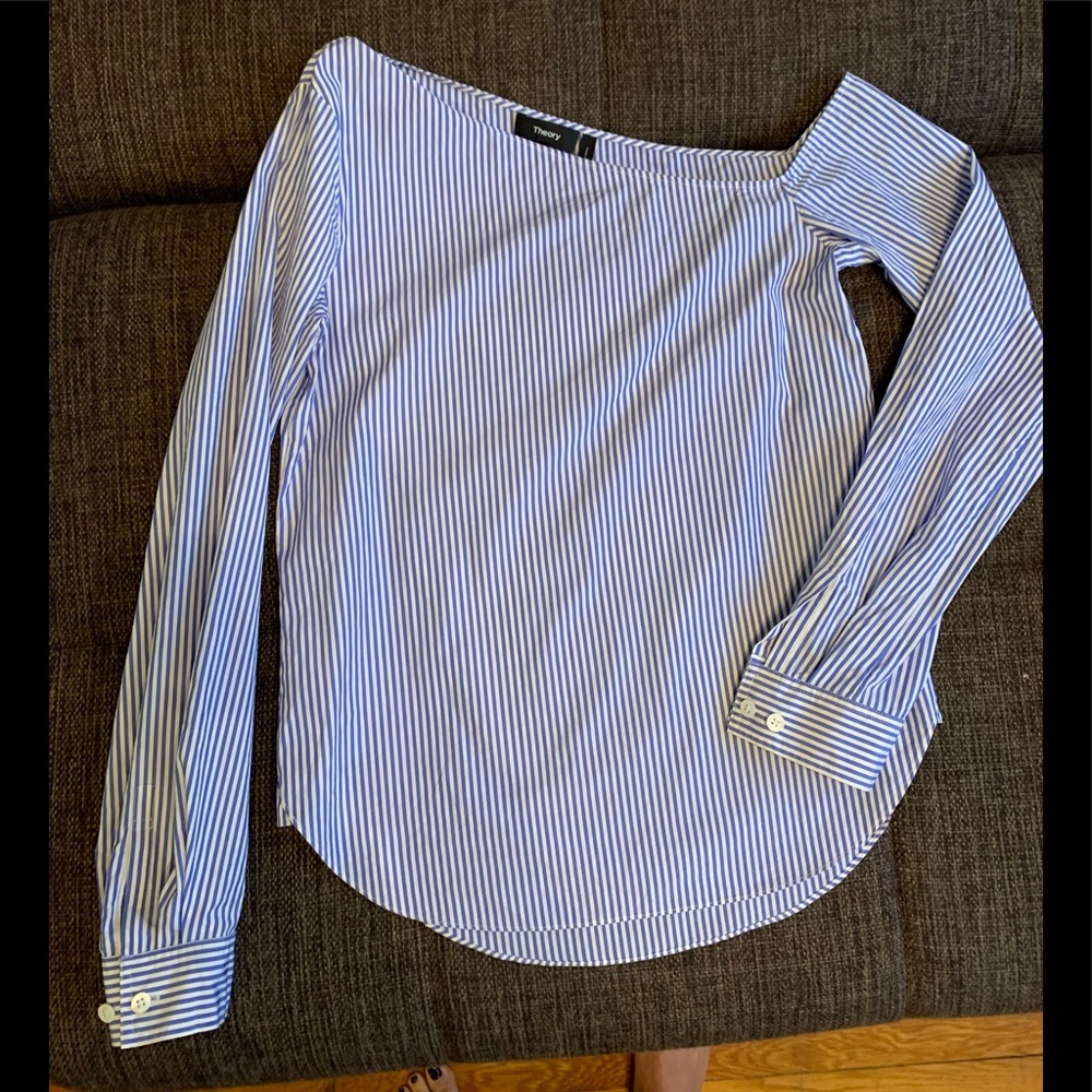 Theory pinned stripe off one shoulder shirt